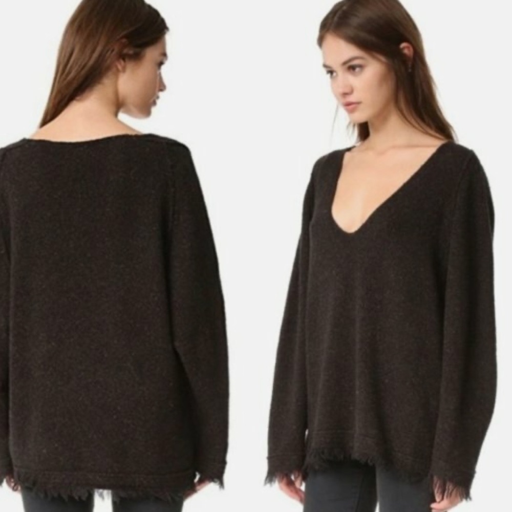 FREE PEOPLE Irresistible Raw Hem V Neck Pullover Sweater Size S Oversized Brown